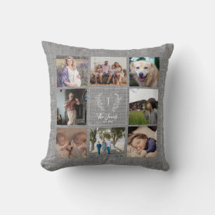 Coussin Collage photo familial 8 monogramme nom rustique t