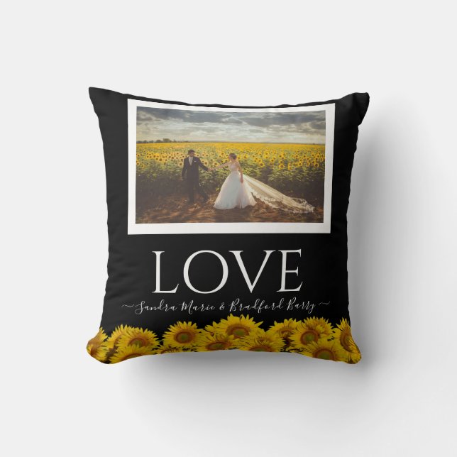 Coussin Collage photo mariage tournesol noir moderne (Recto)