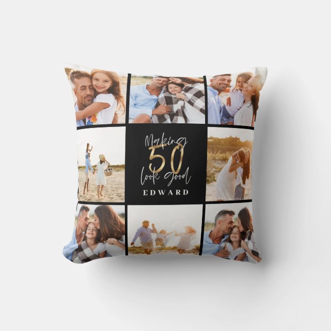 Coussin Collage photo moderne de 50 ans en noir et or (Recto)