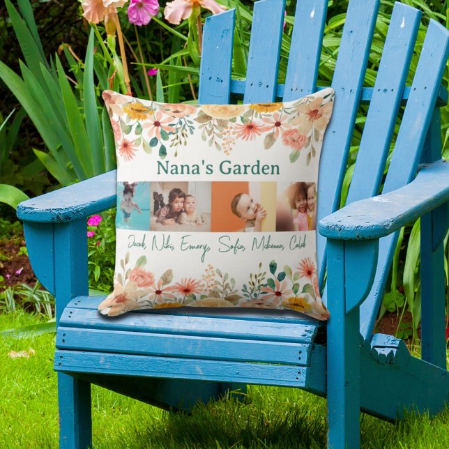 Coussin Collage photo personnalisé Jardin de Nana Grandma (Personalized Photo Collage Nana Grandma's Garden Throw Pillow)