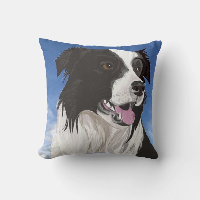 Coussin Collie noir et blanc contre ciel bleu (Recto)
