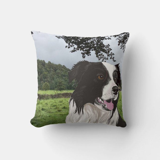 Coussin Collie noir et blanc contre une scène du Yorkshire (Recto)
