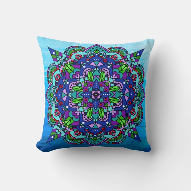 Coussin Coloré violet, Bleu, Vert Mandala (Recto)