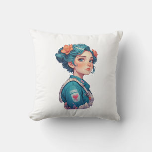 Coussin Colorful Girl Portrait with Flowers