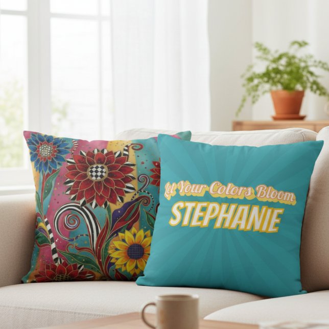 Coussin Colorful Whimsical Flowers Art Throw Pillow (Bright whimsical personalized pillow)