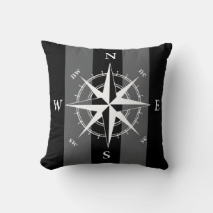 Coussin Compas nautique noir blanc bandes verticales