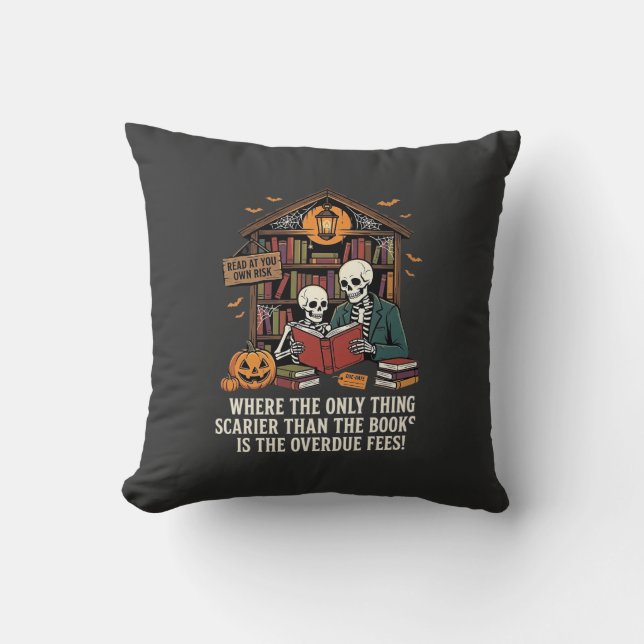 Coussin Conception de bibliothèque de squelette d'Hallowee (Recto)