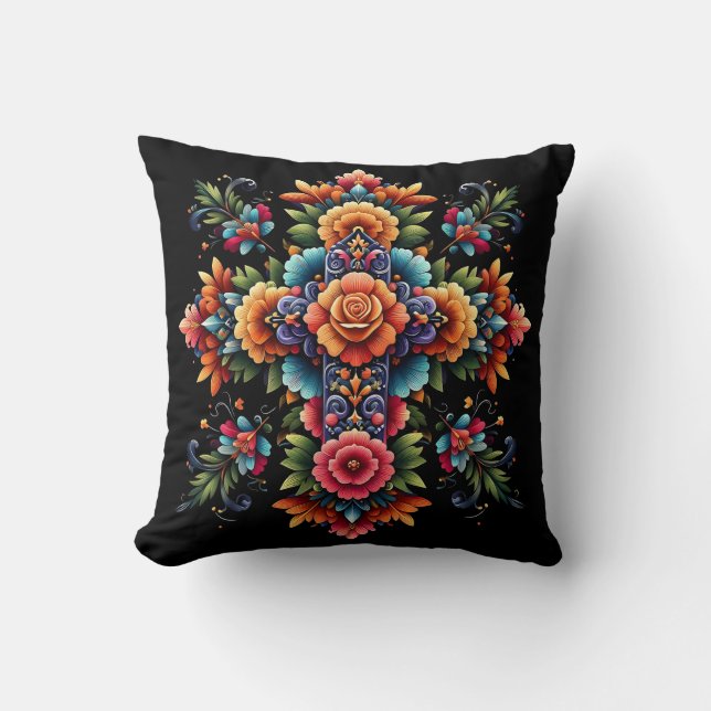 Coussin Conception de croix florales mexicaine (Recto)