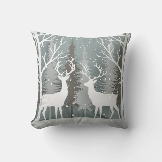 Coussin Conception de forêt grise bleue de cerf d'hiver (Recto)
