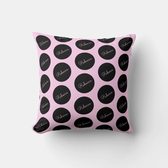 Coussin Conception de points Polka Noir et Rose rétro-mode (Recto)