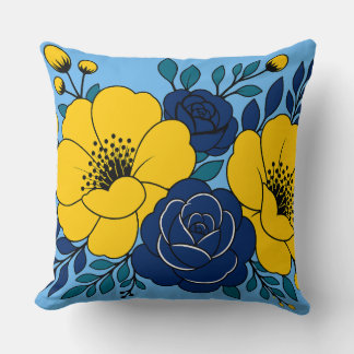 Coussin Conception florale élégante jaune et bleu marine