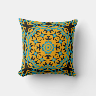 Coussin Conception Kaléidoscope, Bleu Clair, Or, Noir