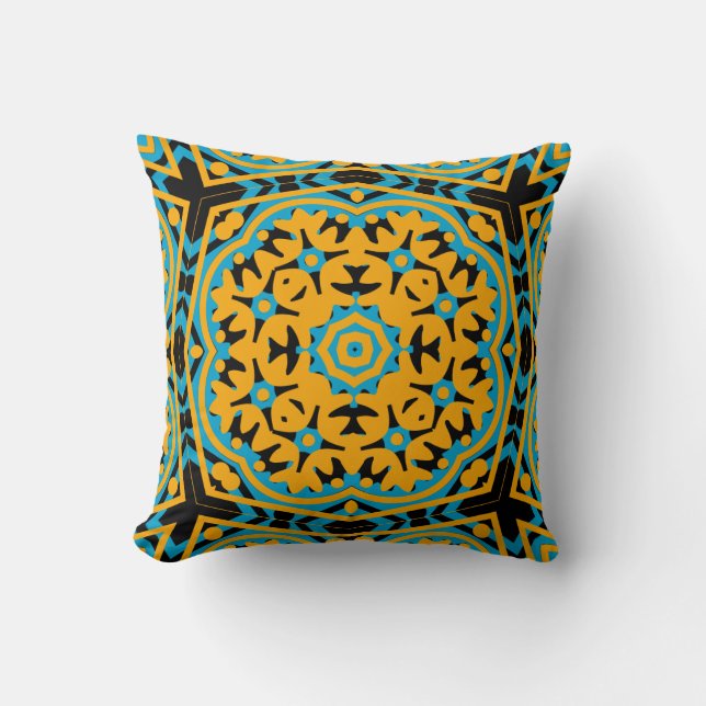 Coussin Conception Kaléidoscope, Bleu Clair, Or, Noir (Recto)