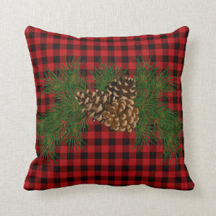 Coussin cône de pin blanc rouge et noir