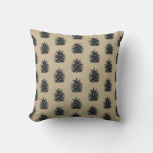 Coussin Cônes de pin, taupe et à motif noir
