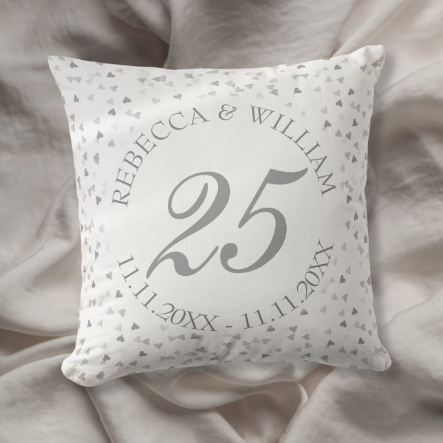 Coussin Confetti du 25e anniversaire du Mariage (25th Wedding Anniversary Silver Hearts Confetti Throw Pillow)