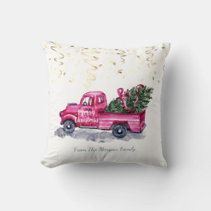 Coussin Confettis, camion rose de Noël, sapin de Noël