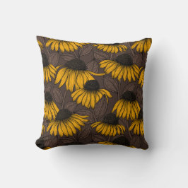 Coussin Confleurs jaunes sur brun foncé
