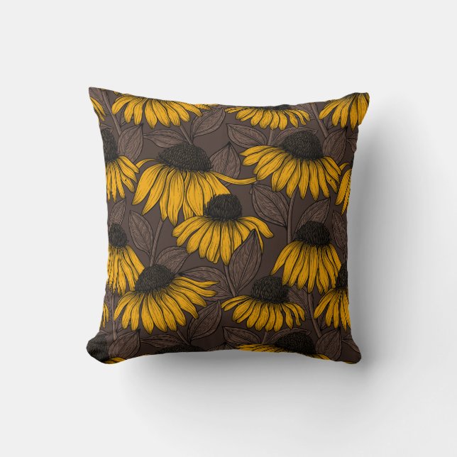 Coussin Confleurs jaunes sur brun foncé (Recto)