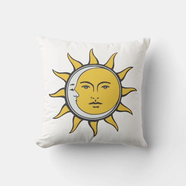 Coussin Conjonction Soleil doré et Lune argentée sur Blanc (Recto)