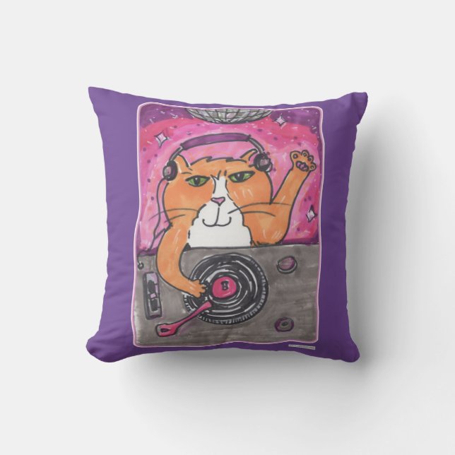 Coussin Cool Dj Cat Marker Art Illustration Dessin amusant (Recto)
