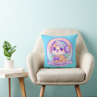 Coussin Cool Kawaii Gamer Girl Chien dans Bébé Bleu