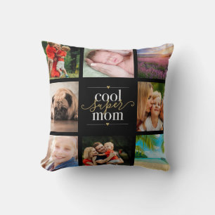 Coussin Cool Super Mom 8 Photo Collage noir et or
