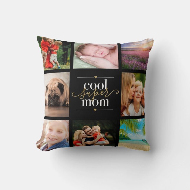 Coussin Cool Super Mom 8 Photo Collage noir et or (Recto)