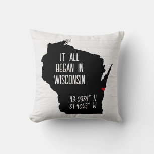 Coussin Coordonnées GPS du Wisconsin avec cœur