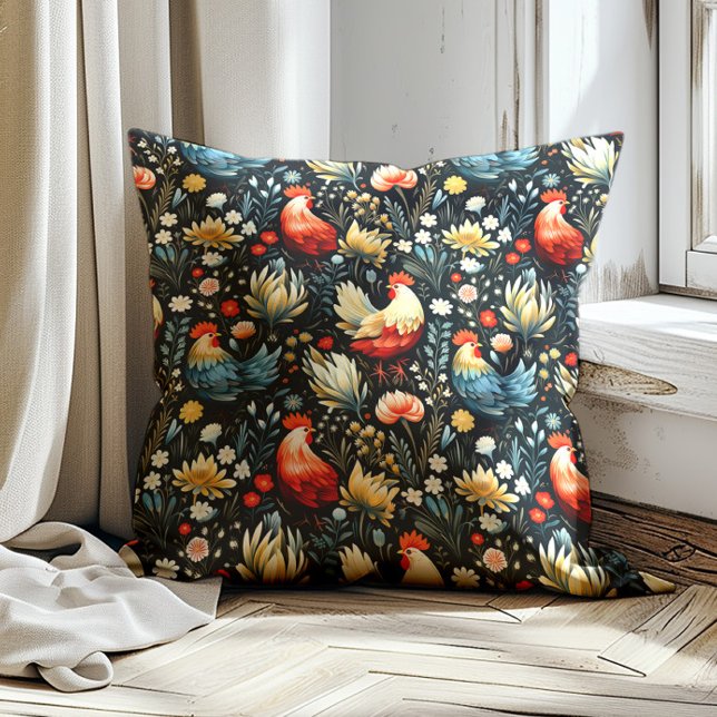 Coussin Coq Chicken Farmhouse Marine Blue Farm (Red and blue rooster pattern on black decorator pillow)