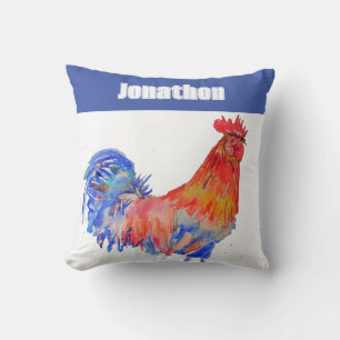 Coussin Coq Poulet Oiseaux Enfants Garçons Nom Bleu Rouge