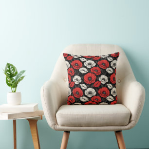 Coussin Coquelicots Art Déco audacieux en rouge et noir