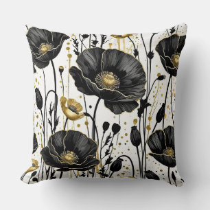 Coussin Coquelicots noirs, dorés et blancs