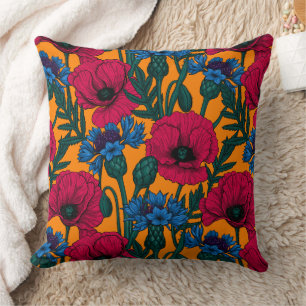 Coussin Coquelicots rouges et fleurs de maïs bleues sur or