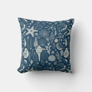 Coussin Coques de mer sur bleu foncé