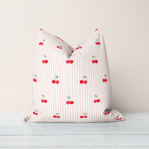 Coussin Coquette Rétro Cerises Rouges et Rayures Rouges Cœ