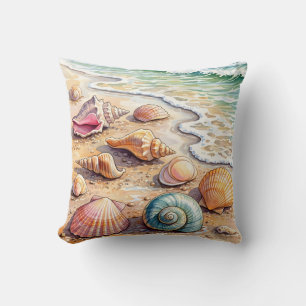 Coussin Coquillages aquarelles côtiers sur la plage de riv
