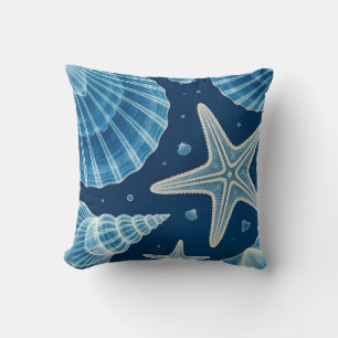 Coussin Coquillages et étoiles de mer bleus et blancs du l