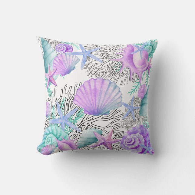 Coussin Coquillages Turquoises Et Blancs Violets (Recto)