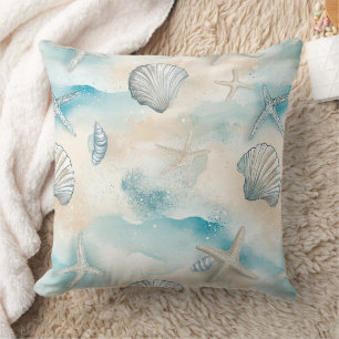 Coussin Coquilles marines aqua et étoile de mer scintillan