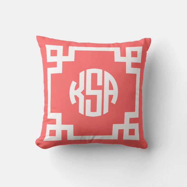 Coussin Corail et blanc Cercle clé grec Monogramme (Recto)