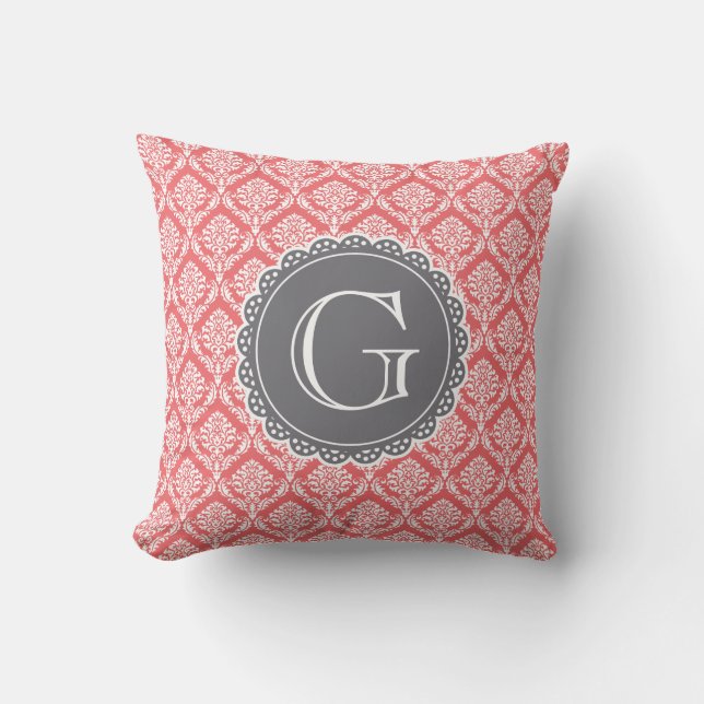 Coussin Corail Floral Damask Patte Gris Monogramme (Recto)