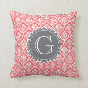 Coussin Corail Floral Damask Patte Gris Monogramme