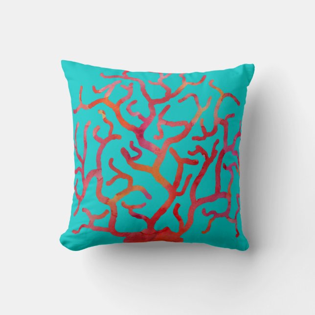 Coussin Corail rouge sur la turquoise (Recto)