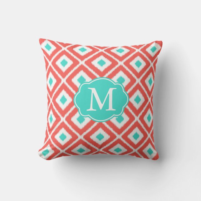 Coussin Corail, Turquoise, Blanc Ikat Diamond Motif (Recto)