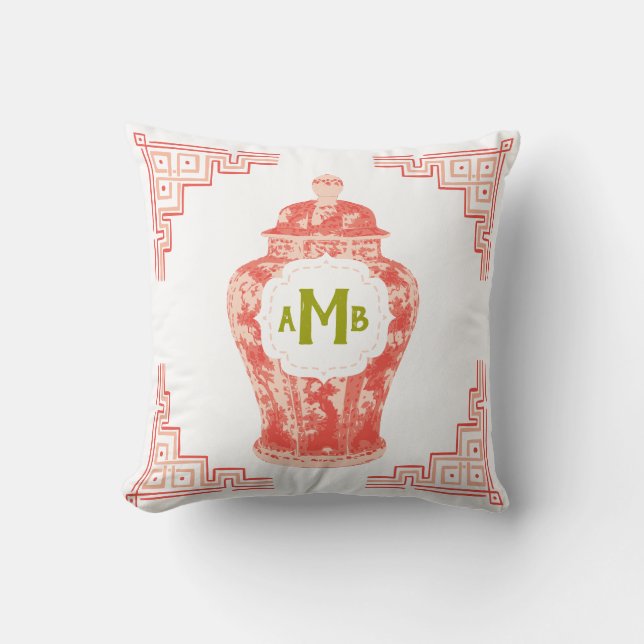 Coussin Coral Chinoiserie Ginger Jar Monogramme (Recto)