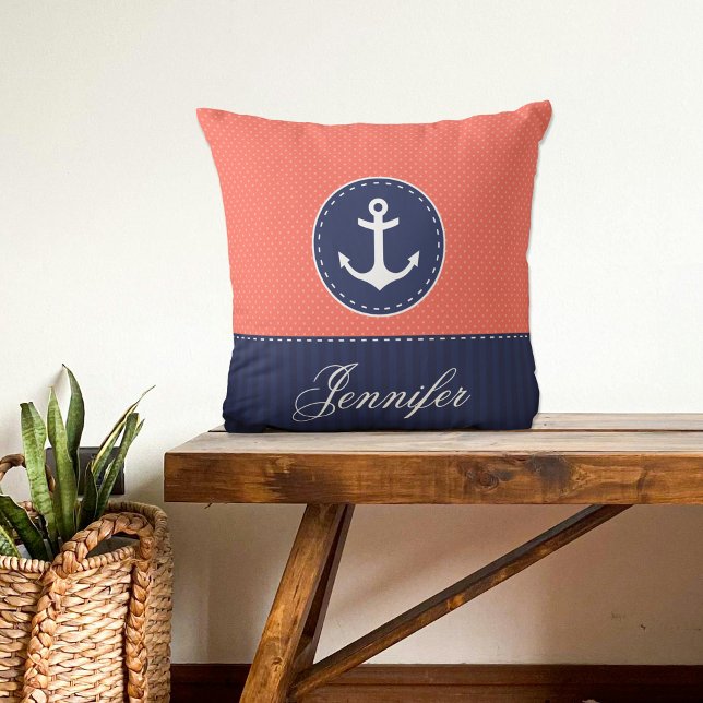 Coussin Coral Marine Bleu Ancre nautique Design Nom person (Créateur téléchargé)