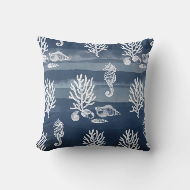 Coussin Coral Océan Seahorse Navy Blue Thaillow Pillow (Recto)