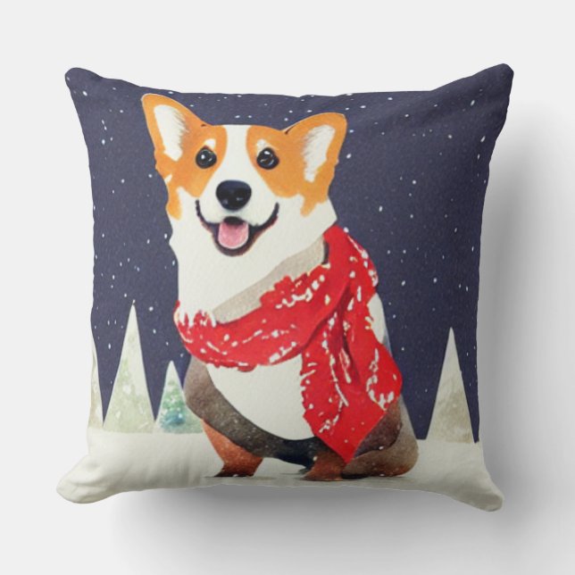 Coussin Corgi avec écusson de Noël rouge blanc (Recto)
