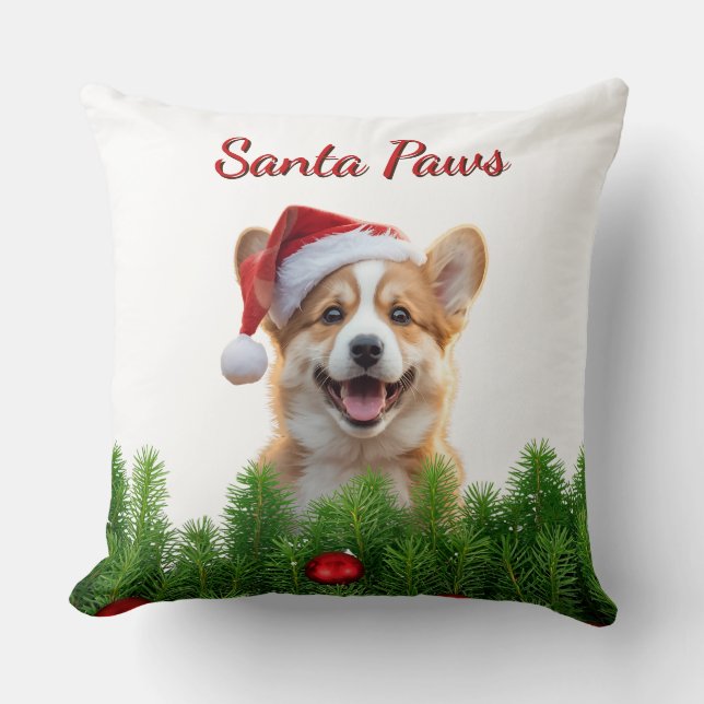 Coussin Corgi Christmas Throw Pillow – Santa Paws Design (Recto)